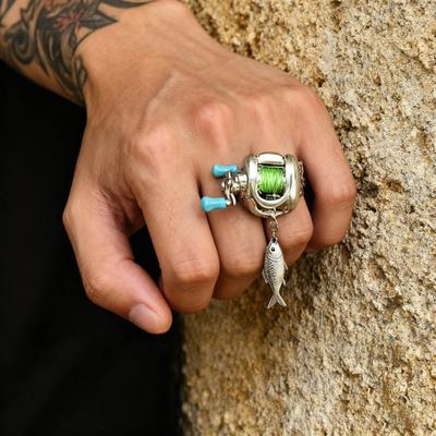 Herren Halskette Miniatur Angelrolle Anhänger Drehkurbel Choker Ring Angelbegeisterter Geschenk Angelhobbyist Zubehör