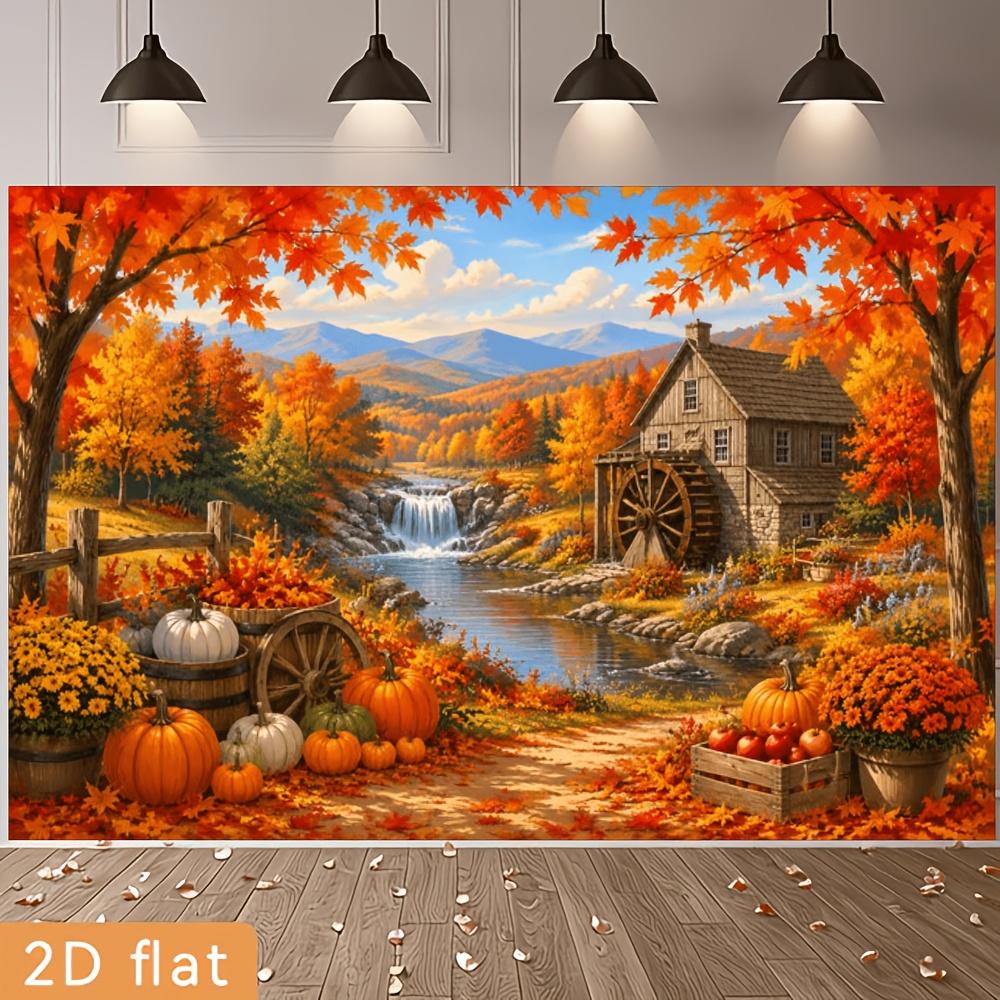A 2D flat banner with a background featuring a rural autumn harvest theme with a distinctive feature of red maple trees.zyc