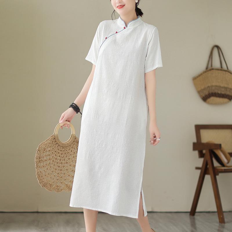 Elegant Cotton Linen Qipao Dress - Women's Stand Collar Short Sleeve, Summer 2024 Collection