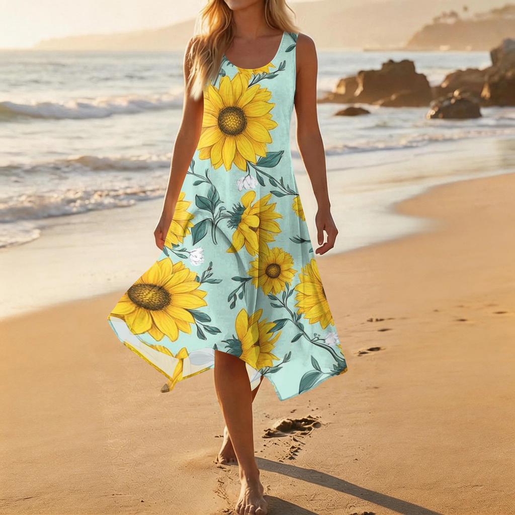 Women Sleeveless Casual Floral Print Midi Dress Round Neck Asymmetric Hem Summer Beach Dress