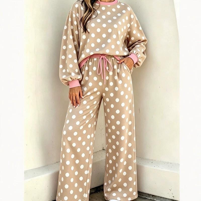 Womens Polka Dot Casual Two-Piece Set With Multiple Pockets Long Sleeve Hoodie Pants Soft Stretch Fabric