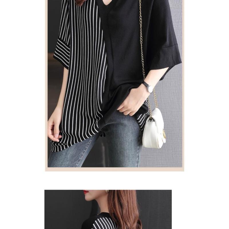 Plus Size Summer New Women's Clothing Lazy Style V-neck Loose Bottoming Thin Section Niche Five-quarter Sleeve Top Striped Splicing