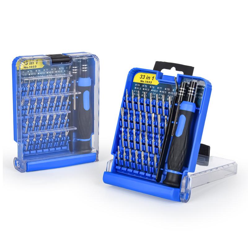33-in-1 Chrome Vanadium Steel Screwdriver Set for Phillips, Flathead, Hex, and Cross, compatible with Apple and Android devices.