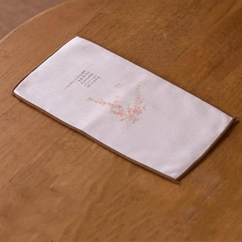 Chinese Flower Pattern Tea Towel Plush Absorbent Water Rag Tea Napkins Coaster Imitation Deerskin Towel Tea Set Accessories