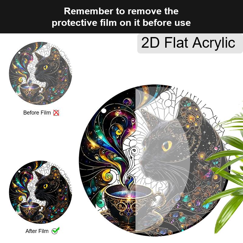 Acrylic Cosmic Black Cat with Magical Teacup Suncatcher, Stained Glass Effect Window Hanging Ornament for Mystical Cat Lover Gifts
