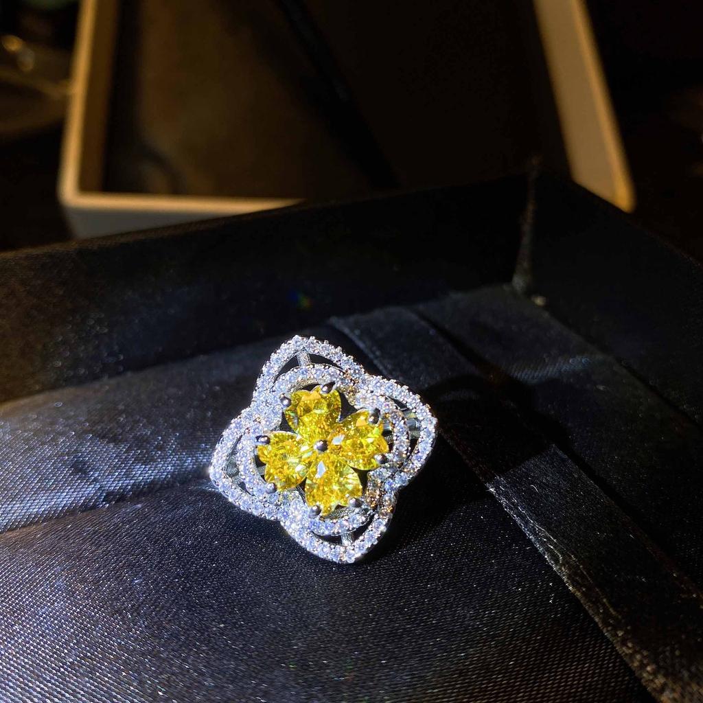 Argint 925 Nou de lux cu diamant complet acvamarin inel cu trifoi cu patru foi inel cu inimă cu diamante cu conținut ridicat de carbon Cadou de ziua de petrecere