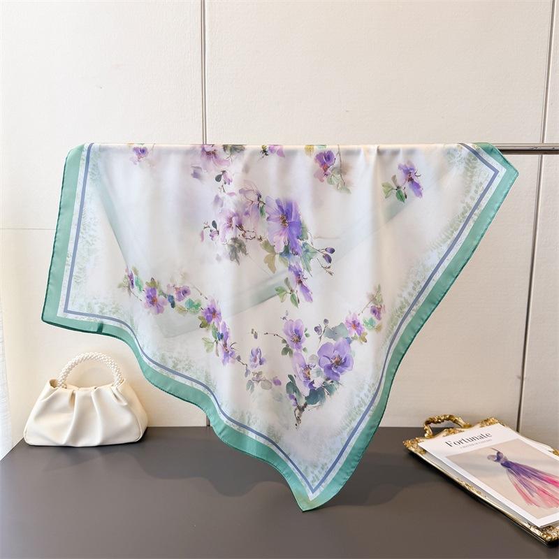 Retro Magnolia Flower Small Scarf with High-end Feeling Printed Silk Shawl Kerchief Neckerchief Scarf Headscarf Shawl