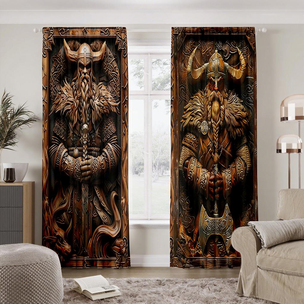 Viking Warrior Print Curtains Bedroom Living Room Home Decor Holiday Windows Curtain Set Of 2 Made Polyester With Rod Pocket Washable Great Ready
