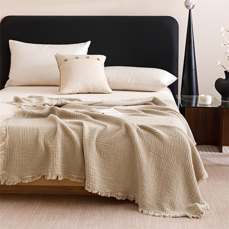 Coperta Morbida Traspirante in Mussola Waffle di Cotone 100% con Frange per Divano Letto Ufficio Viaggio