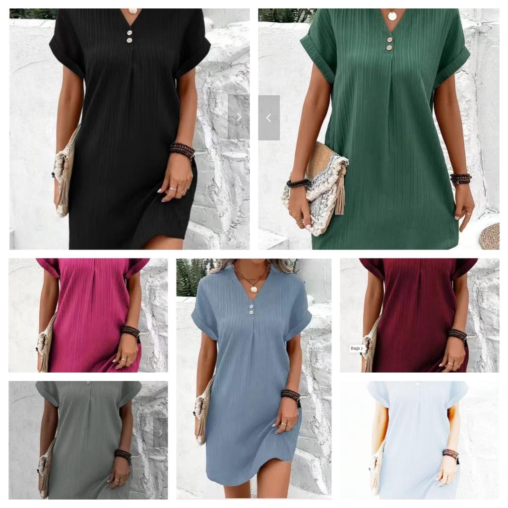Summer Women's V-neck Button Short Sleeved Loose Monochrome Pullover Casual Mini Dress