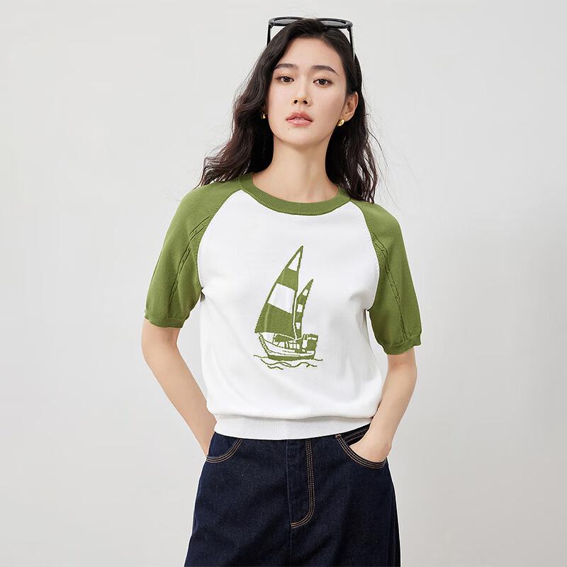 Chuyu Women's Sailboat Jacquard Short-Sleeve Knit Top