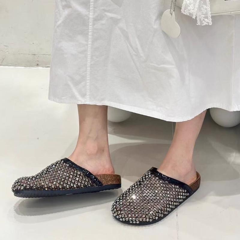 Módní Křišťálové Dámské Baleríny Pantofle Ležérní Fad Mules Boty Luxusní Dámské Sandály 2025 Slingback Plážové Žabky Nové Mujer Sandalias