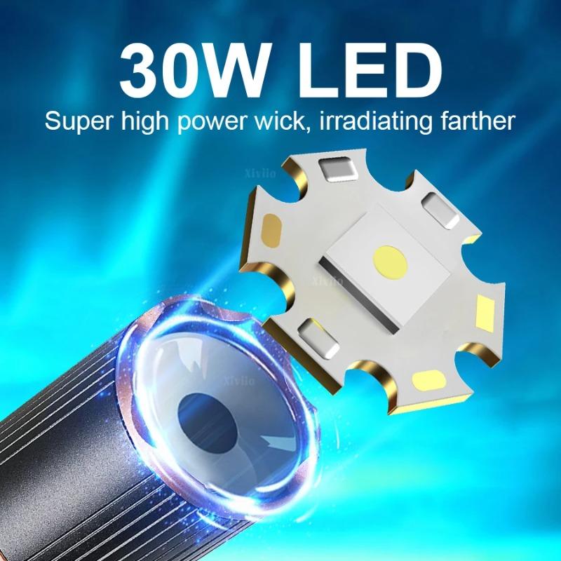 2026 New 30W Super Bright LED Flashlight Type-C Rechargeable Torch 1600M Tactical Flash Light Zoomable Lamp Camping Lantern