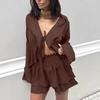 1116 Summer European and American Casual Ruffle Edge Suit New V-neck Long-sleeved Top Short Skirt Two-piece Women's Clothing