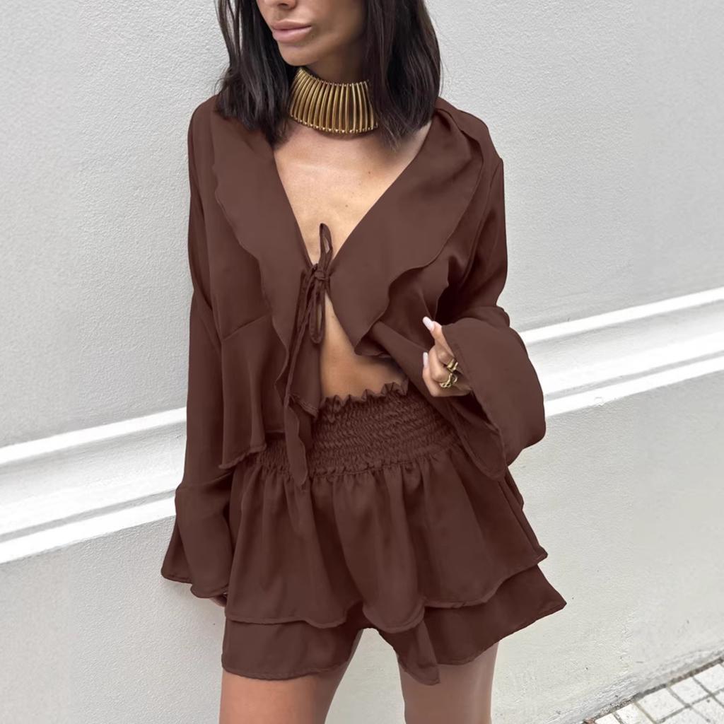 1116 Summer European and American Casual Ruffle Edge Suit New V-neck Long-sleeved Top Short Skirt Two-piece Women's Clothing