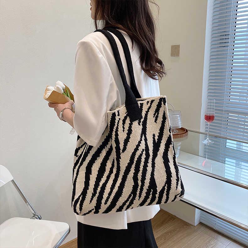 Women's Zebra Pattern Knitted Tote Bag - Large Capacity Spring/Summer Fashion Shoulder & Hand-Held Bag, Korean Style.
