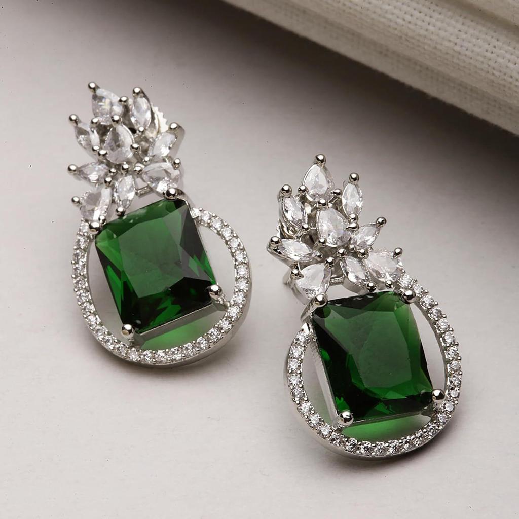 Oxidised Silver-Plated American Diamond Studded Paisley Shaped Studs Earrings Women