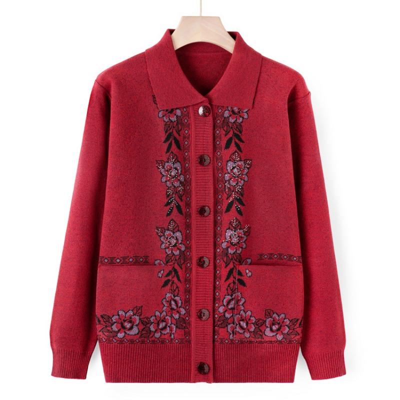 Pulover tricotat cu revere de toamnă pentru bunică, cardigan pentru vârstnici, jachetă pulover, îmbrăcăminte de toamnă și iarnă pentru femei în vârstă