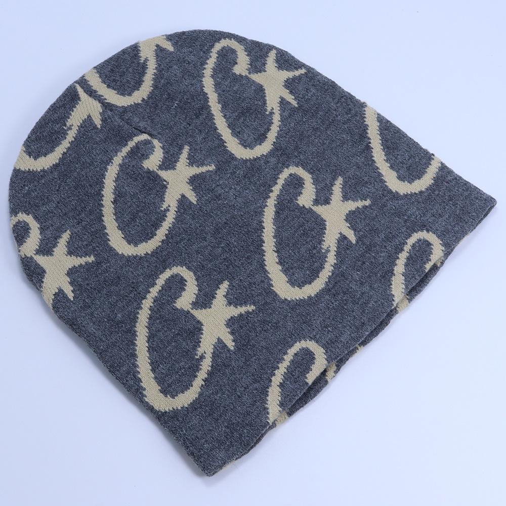 Big C Jacquard Wool Knitted Hat Autumn and Winter Trend Outdoor Windshield Warm Hat Ear Protector Hat Couple, Pullover Hat