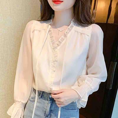 Fashion New 2024 Autumn Long Sleeve V-Neck Casual Apricot Chiffon Blouse Shirt Women Tops Blouses Shirts J571