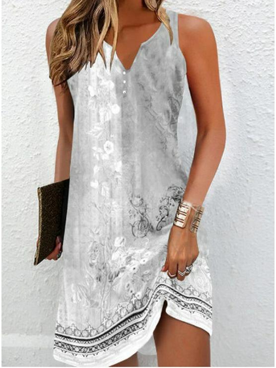 European and American Women's Floral Button A-line V-neck Sleeveless Dress, 2024 Fashion Trend.