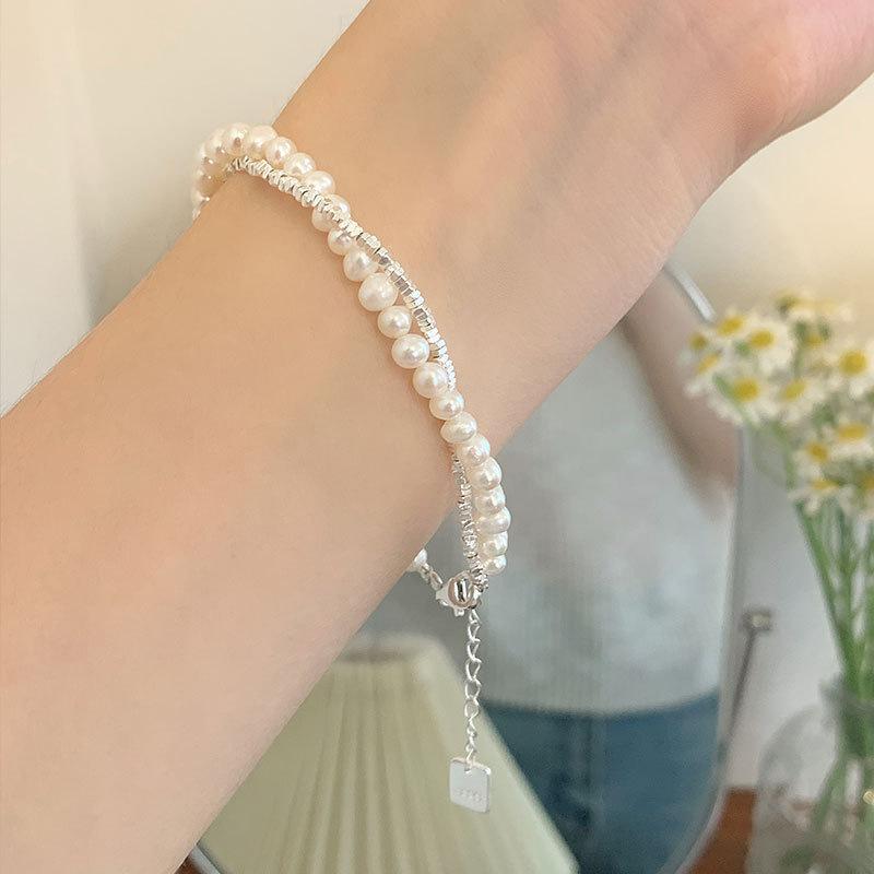 Fashion 925 Silver Pearl Bracelets for Women Korean Luxury Double Layer Pearl Silver Chain Bracelets Party Jewelry Gift