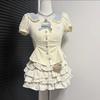 Girls Summer Korean Short Sleeve Dress Set with Peter Pan Collar and Tiered Skirt