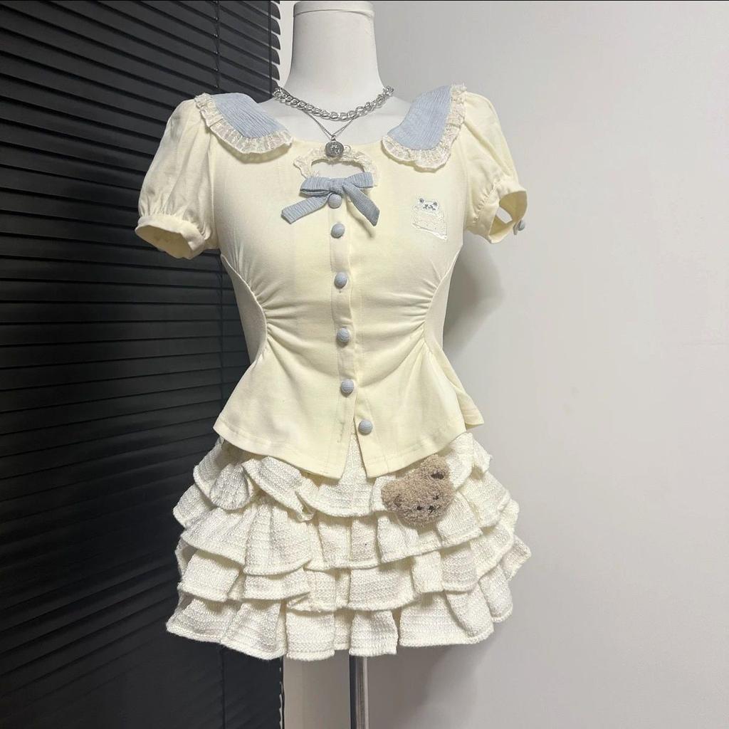Girls Summer Korean Short Sleeve Dress Set with Peter Pan Collar and Tiered Skirt