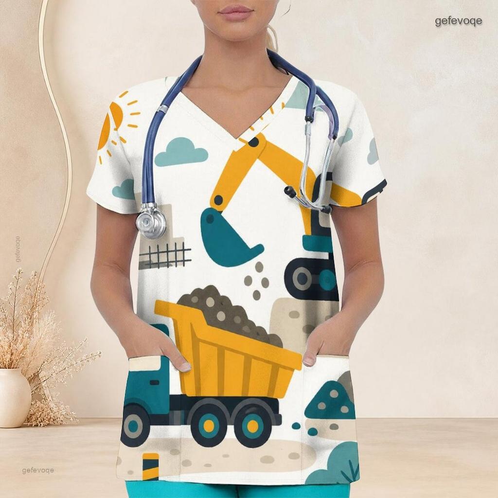 Women Plus Size V Neck Short Sleeve Scrub Top Leopard Heart Golden Feather Ornate Print Nurse Uniform Top