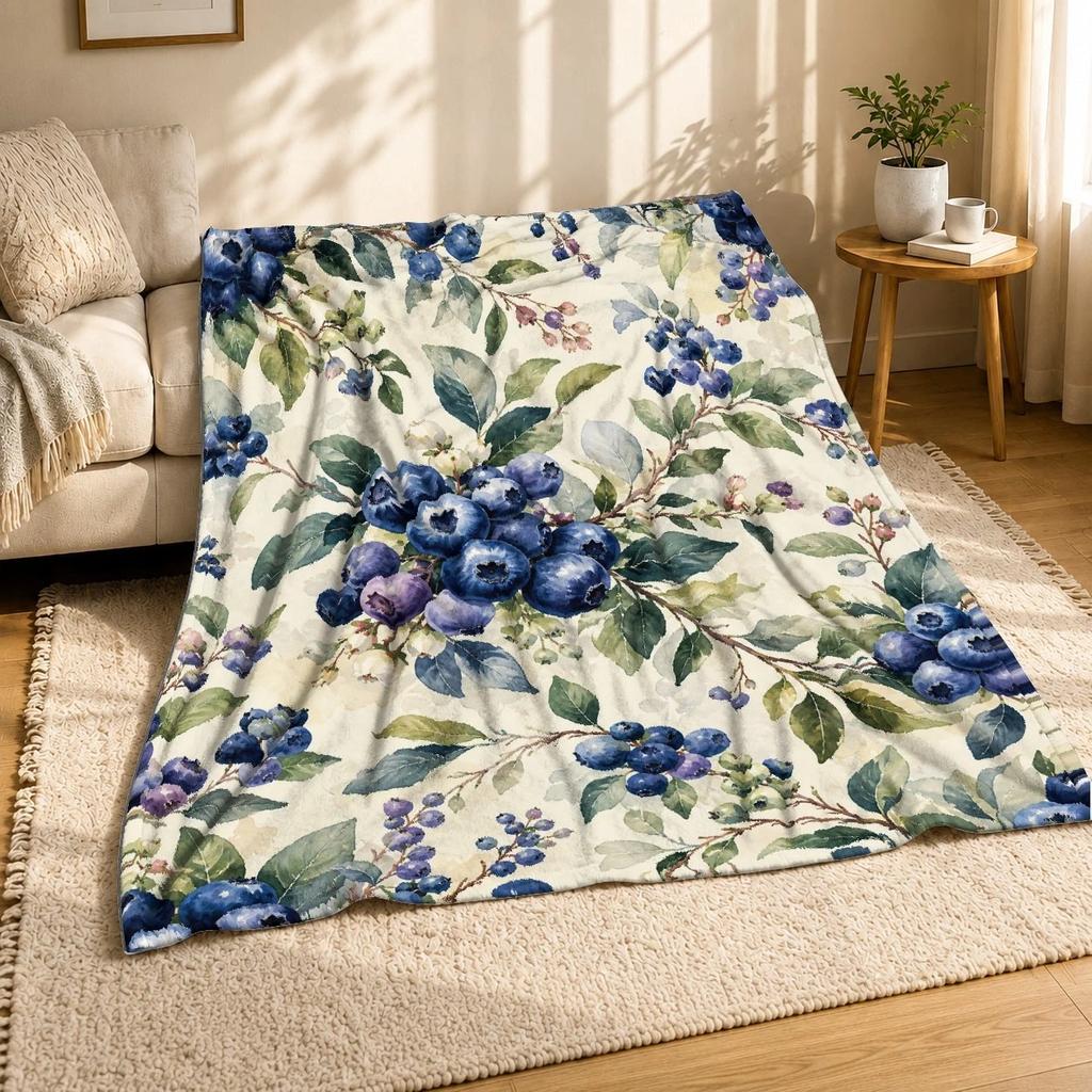 Watercolor Blueberry Botanical Plush Throw Blanket Fruit Floral