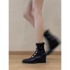 Cowhide Version~ Slope Heel Niche New Leather Thin Boots Women's British Style Metal Badge Square Head Temperament Martin Boots