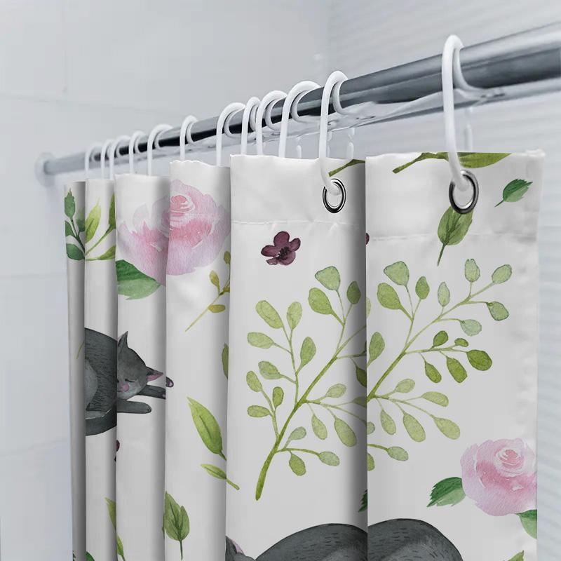 Creative Floral Cat Print Shower Curtain, Bathroom Decor, Waterproof Fabric Pink Rose Green Leaves Design For Home Decoration (W