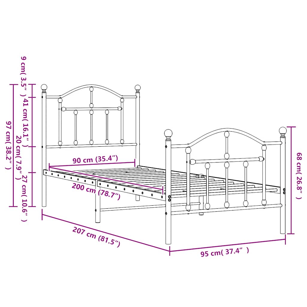 Metal Bed Frame with Headboard and Footboard Black 90 X 200 Cm