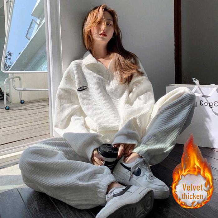 

Женская спортивная одежда из плюша и плотной ткани осень/зима 2023 г.: Свободный повседневный костюм-двойка в корейском стиле для студентов M белый