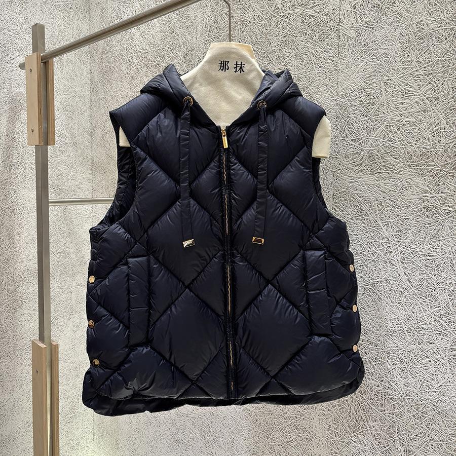 Autumn and Winter European Station Rhombus Hooded Drawstring Side Split Down Jacket Women's Winter Clothing White Duck Down Warm Vest