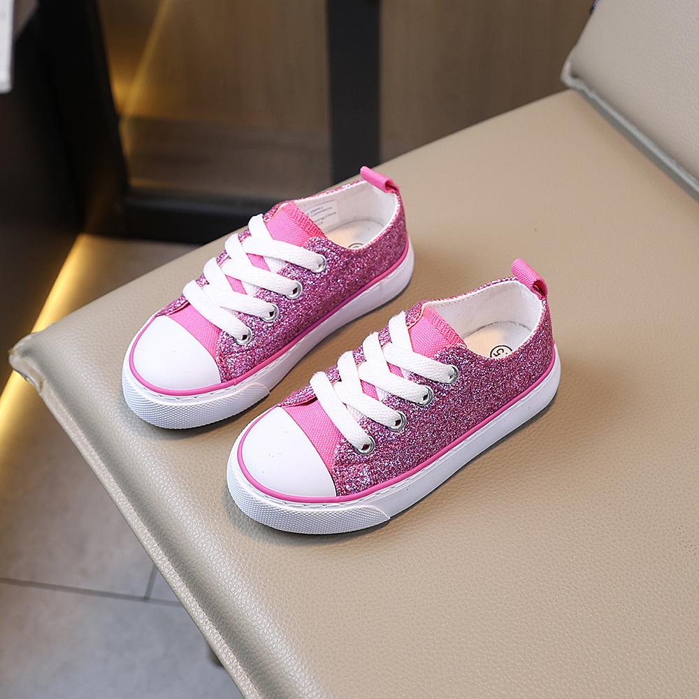 COMFY KIDS Girls Pink Glitter Princess Low Top Canvas Shoes Breathable Fabric Lace-Up Pull Tab All-Season Wear Party Casual Shoes