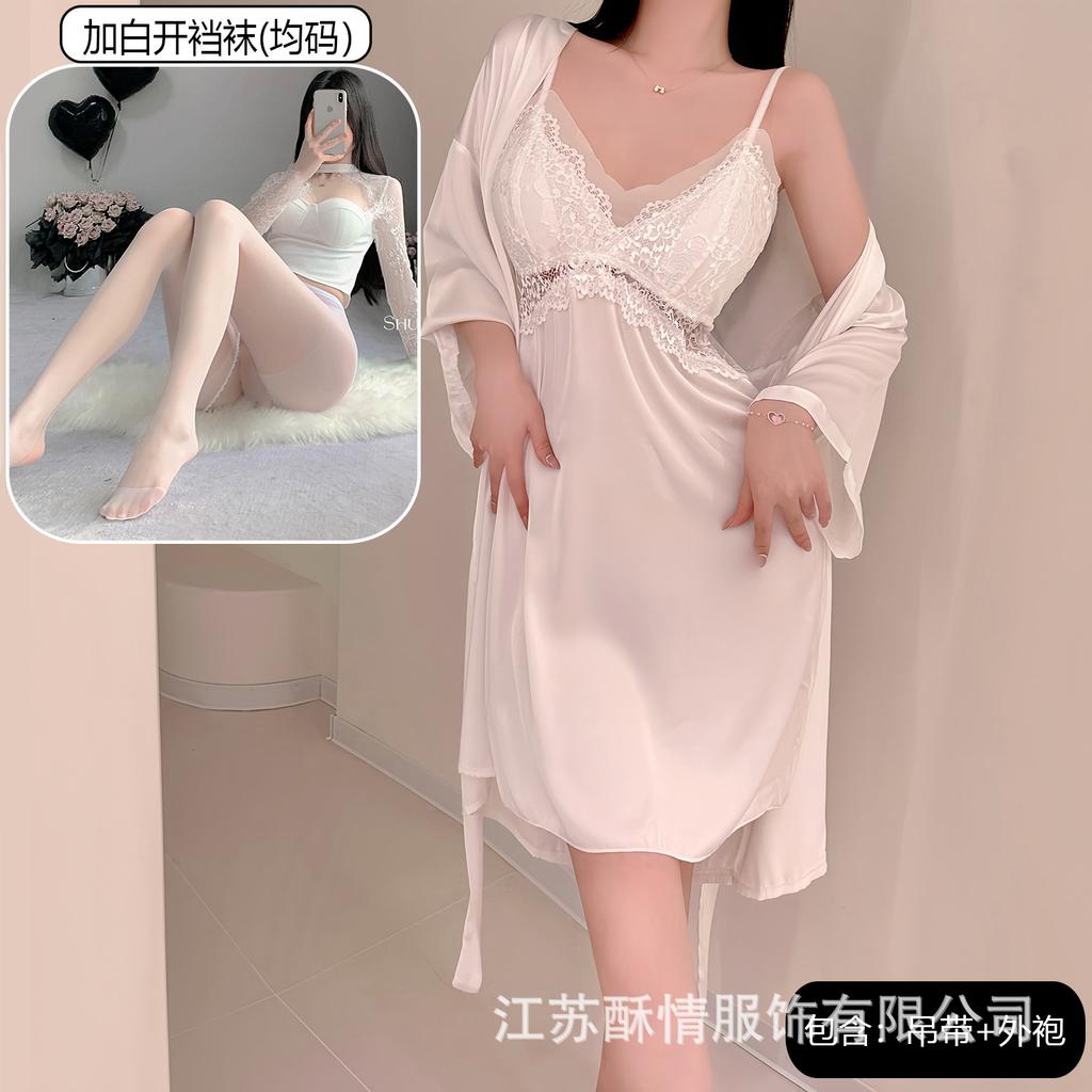 Spring and Summer Sexy Nightdress Lace Temptation V-neck Gathering Ice Silk Suspender Nightdress Backless Chest Pad Suspender Nightdress Set