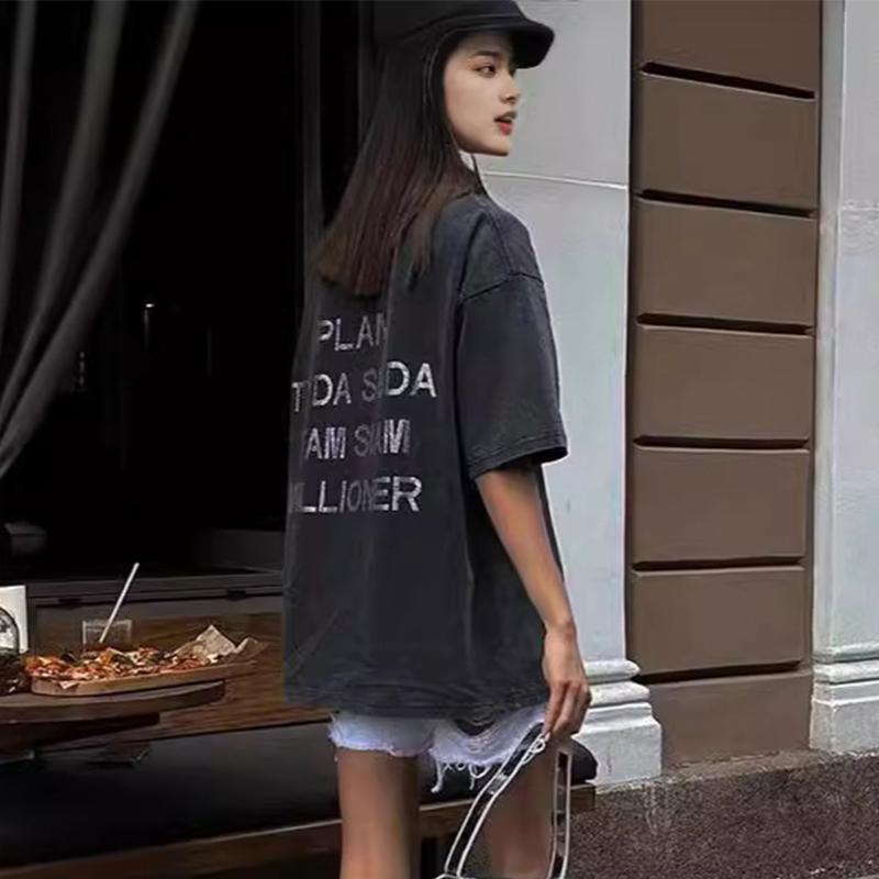 Винтажные повседневные хлопковые футболки со стразами, женские летние рубашки с коротким рукавом и буквенным принтом, универсальные уличные топы