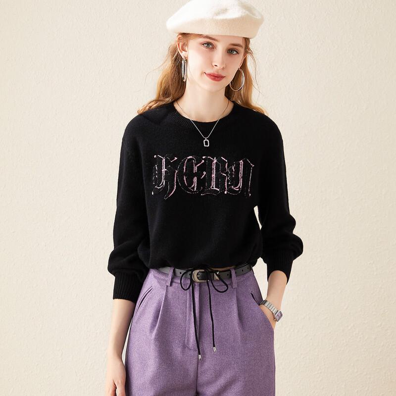 Tuhuang Women's Thick Pure Wool Drawstring Letter Embroidered Sweater