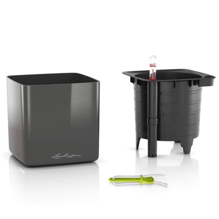 LECHUZA Jardinière de table CUBE Glossy 14 ALL-IN-ONE Charbon brillant