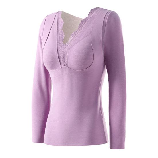 Thermal Bottoming Tops with Built-in Chest Pads DE Velvet Double Layer Warmth Long Sleeve Pullover Tops Solid Color Winter Inner Outer Wear