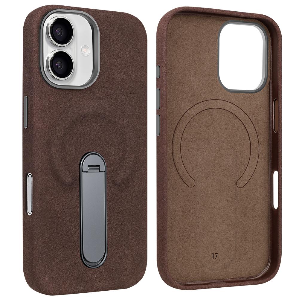 Suede PU Leather Magnetic Phone Case for iPhone 17 pro with 360° Rotatable Metal Holder Compatible with iPhone 17/16/15 Pro Max