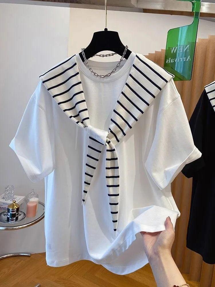 2025 Unisex Plus Size Striped Hooded Color Block Short Sleeve T-Shirt