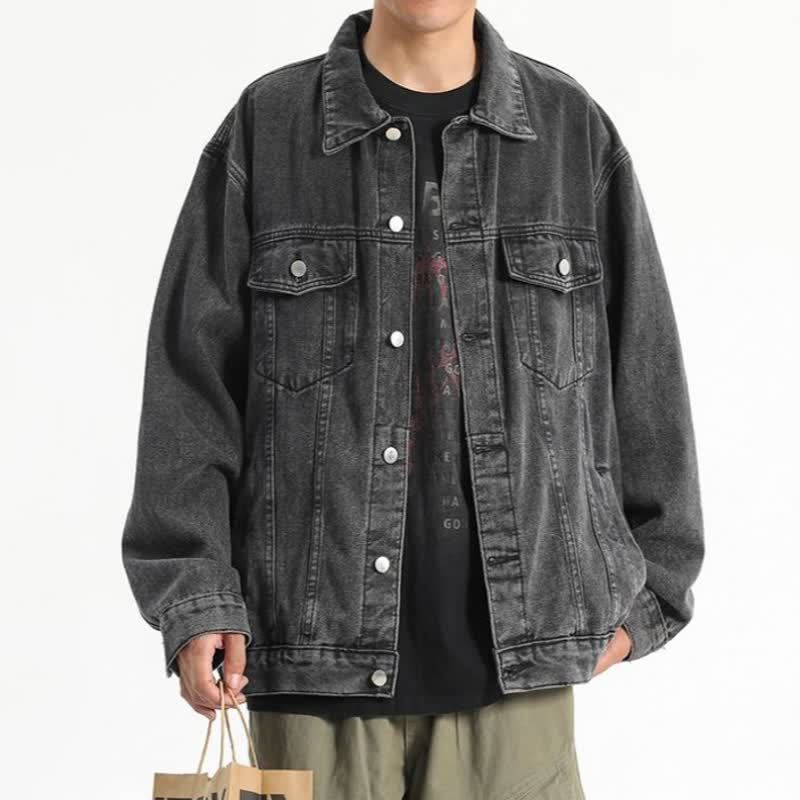 Cotton Men Denim Jacket  Casual Solid Color Lapel Single Breasted Jean Jackets Autumn Long Sleeve Mens Coat