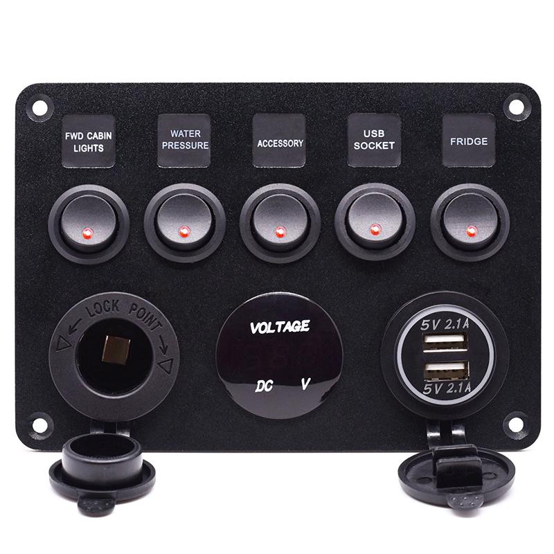 Truck Dual USB 5 Gang Toggle Control Switch Panel RED LED Voltmeter 12V 24V Car Boat Marine