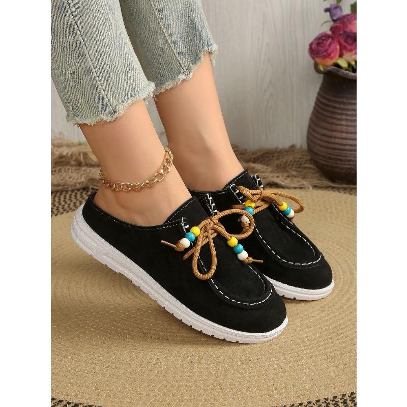 Autumn Baotou Half Slippers Women's 2025 New Plus Size Beaded Flat Casual One-Foot Slipper Slippers