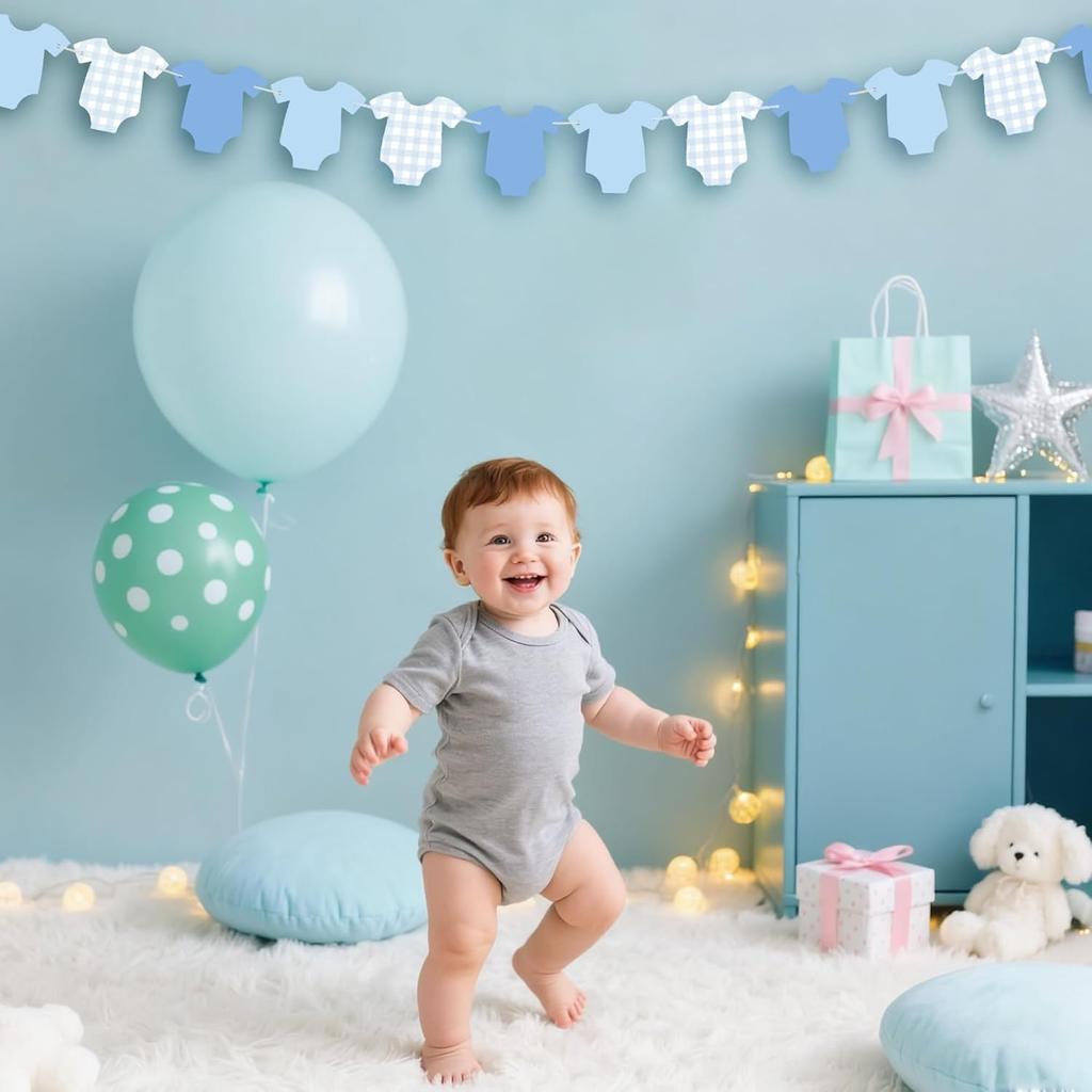 Blue Gingham Baby Shower Banner, Bodysuit Paper Garland with Clothesline, Boy or Girl Banner Baby Shower Decoration