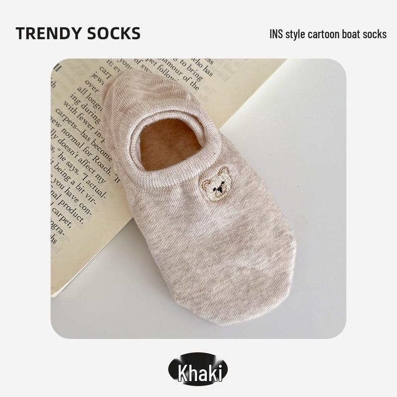 

Cute Cartoon Bear Embroidered Non-Slip Summer Socks - Women s Low-Cut Invisible Design One Size хаки