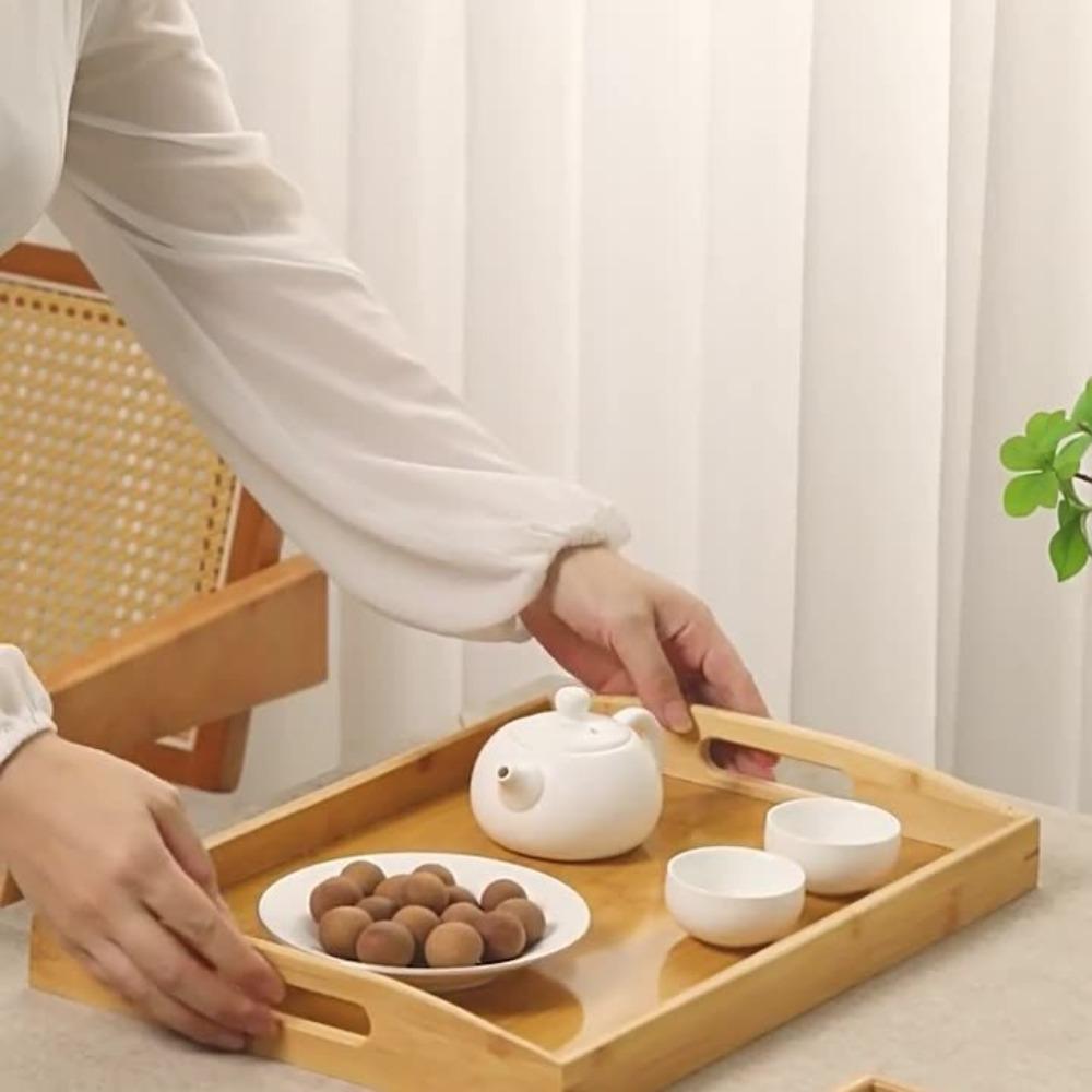 with Handles Bamboo Serving Tray Aesthetic Coffee Tea Tray Durable Food Storage Tray Teapot Teacup