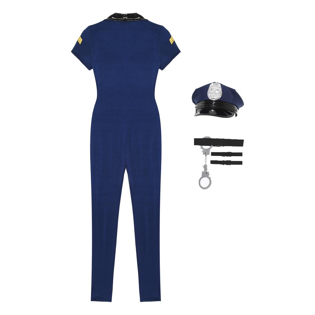 Mens Halloween Police Cosplay Costume Front Zipper Jumpsuit Complete Hat Belt Manacles Badge Seven Piece Cop Set